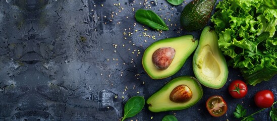 Poster - Top down view of a salad concept featuring nutritious ingredients like avocado and lettuce on a food background with ample copy space for text integration