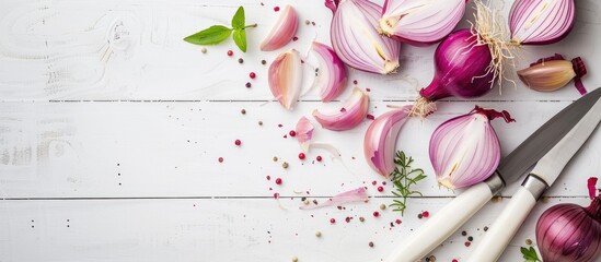 Poster - Onion being sliced on a white wooden surface with space for text or images. Creative banner. Copyspace image