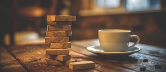 Aufkleber - Enjoy a game of Jenga with a hot cup of coffee in hand creating a cozy atmosphere with a homely touch perfect for a relaxing afternoon. Creative banner. Copyspace image