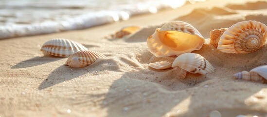 Leinwandbilder - Seashells on sandy beach close up with copy space image