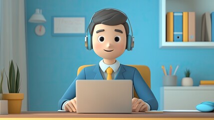 3D cartoon of a young businessman with headphones working on a laptop at home engaging in a video conference for communication and learning