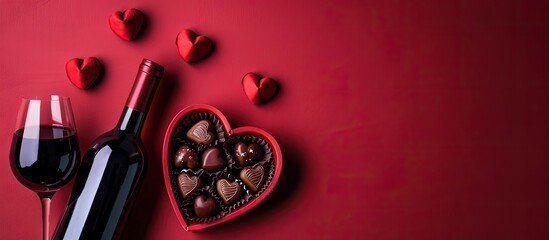 Aufkleber - Valentine s Day themed top view photo of heart shaped gift box of chocolates on a red colored background with a bottle of red wine all with copy space image