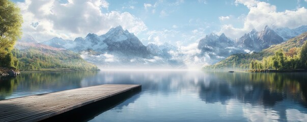 Wall Mural - Wooden pier extending into lake reflecting misty mountain landscape