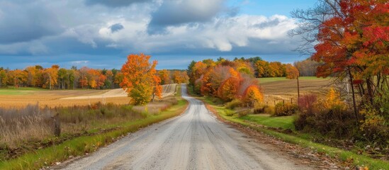 Poster - An inviting country road bordered by vibrant autumn foliage creating a picturesque setting with room for a copy space image