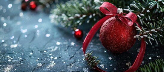 Poster - Festive Christmas ornament with a ribbon for decoration set against a background suitable for additional images or text insertion copy space image