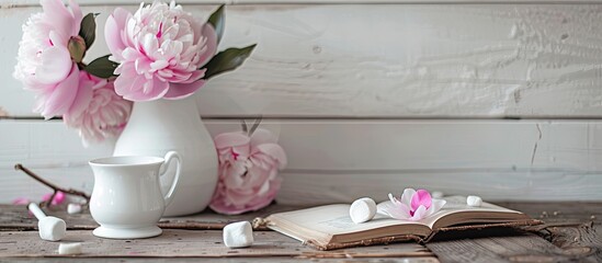 Canvas Print - A light wooden surface with pink peonies a book a cup and marshmallows in a white vase forming a cozy setup suitable for breakfast or a coffee break with designated copy space image