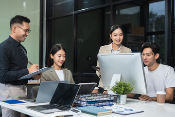 Wall Mural - Business people discussing on performance revenue in meeting. businessman working with co-worker team. financial adviser analyzing data with investor at home office.