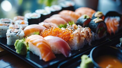 Poster - Traditional Japanese sushi platter with assorted nigiri, sashimi, and maki rolls, served with soy sauce and wasabi.