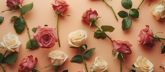 Poster - A lovely display of roses on a soft pastel backdrop with room for adding text in an image meant for a minimalist design concept. Creative banner. Copyspace image