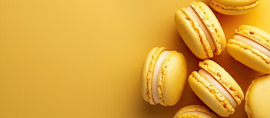 Aufkleber - Yellow macaroons arranged on a yellow backdrop with copy space image