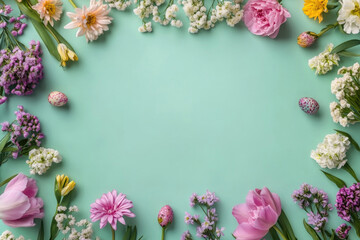 Fototapete - A frame of vibrant flowers on a pastel green background, ideal for holiday greeting cards.