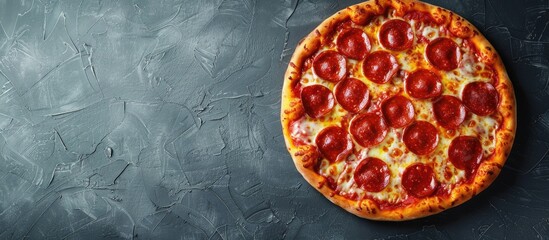 Poster - Ready to eat homemade pepperoni pizza with copy space image