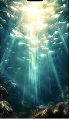 Wall Mural - sunlight shining through the waters rays in a blue ocean