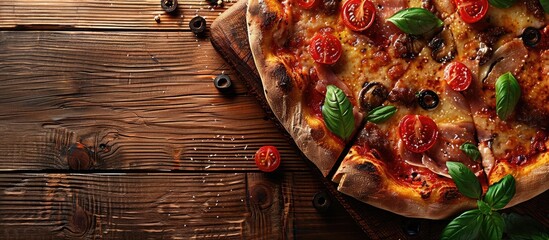 Poster - A tempting pizza displayed on a wooden board with copy space image