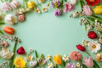 Aufkleber - A frame of vibrant flowers on a pastel green background, ideal for holiday greeting cards.