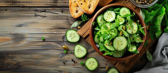 Table set with a tasty cucumber salad and crisped bread on wooden surface with room for adding text to the copy space image