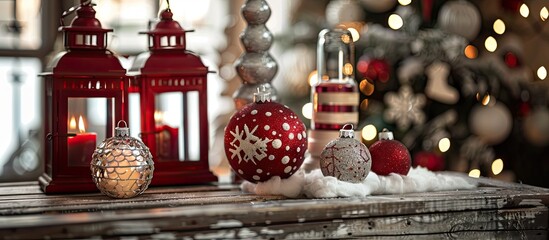 Fototapete - Home Christmas decorations with a New Year theme are displayed in the image focusing on the ornaments. Creative banner. Copyspace image