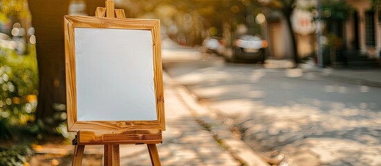 Poster - A wooden sign with empty white space for text set on a sidewalk stand offers a versatile copy space image