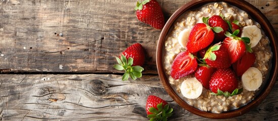Aufkleber - A healthy breakfast featuring oatmeal porridge with fresh organic strawberries arranged in a wooden bowl creating an appealing copy space image