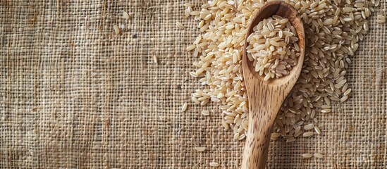 Aufkleber - Top view of a wooden spoon with cereal on uncooked brown rice providing space for text in the image. Creative banner. Copyspace image