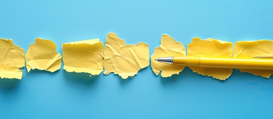 Aufkleber - Five yellow torn papers with a yellow pen on a blue backdrop providing copy space image