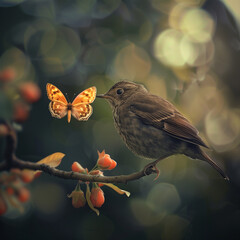 Wall Mural - there is a bird that is sitting on a branch with a butterfly