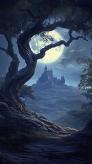 Poster - Gnarled tree framing castle under full moon at night