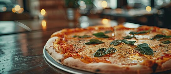 Poster - A pizza on a restaurant table with copy space image