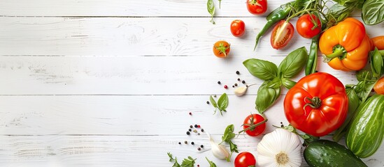 Poster - Mockup on white wooden table featuring an assortment of fresh and vibrant vegetables creating an appetizing background with room for text in the image. Creative banner. Copyspace image