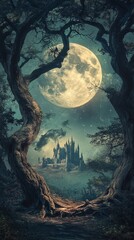 Poster - Medieval castle emerging under full moon light in fantasy forest