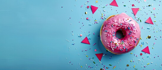 Aufkleber - Pink donut with decorative flags and confetti on blue backdrop isolated for copy space image