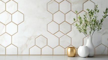 Poster - White hexagonal tiles with gold accents, creating a modern and luxurious pattern for a feature wall.