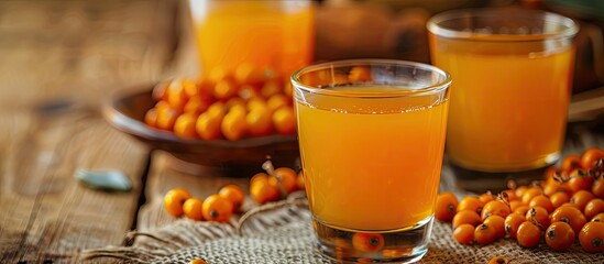 Aufkleber - Sea buckthorn juice displayed on a blank canvas for text or images in the background. Creative banner. Copyspace image