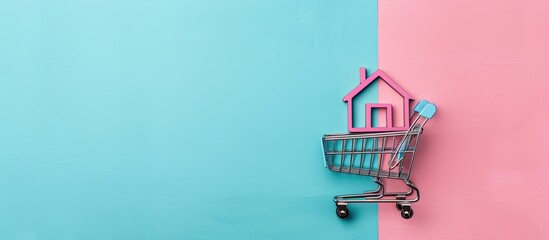 Aufkleber - Home buying idea featuring a shopping cart with a house icon on a pink and blue backdrop in a top down view with copy space image