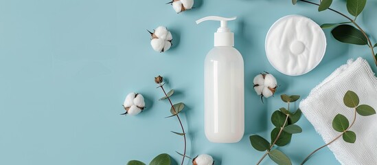 Aufkleber - Mockup of a cleansing lotion bottle or soap dispenser placed next to cotton pads on a blue surface depicting skincare products Top view with copy space image