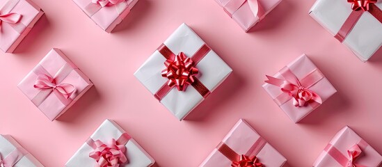 A pattern of gift boxes on a pink background with harsh lighting suitable for New Year s Christmas or birthday themes Perfect for a copy space image