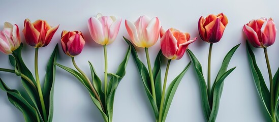 Poster - Fresh tulips arranged in a frame creating a spring background with a designated area for text in the image. Creative banner. Copyspace image