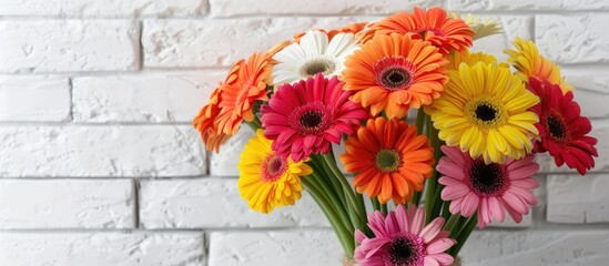 Aufkleber - Mock up displaying a vibrant bouquet of gerbera daisies on a white brick backdrop with copy space image
