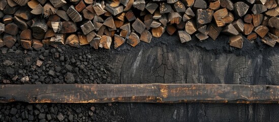 Wall Mural - Background of long timber stack in a woodpile for a charcoal factory with copy space image