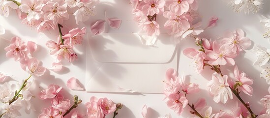Poster - Mockup of a postcard featuring pink flowers an envelope on a white backdrop with available space for text and an image. Creative banner. Copyspace image