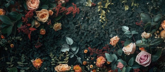 Poster - Greeting card featuring dried flowers and lush green foliage with copy space image