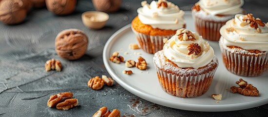 Poster - Vegan carrot muffins with nuts and cream on a white plate traditional donkey pastries with selective focus and copy space image