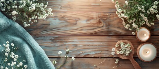 Aufkleber - A serene spa arrangement set on a wooden surface featuring a copy space image