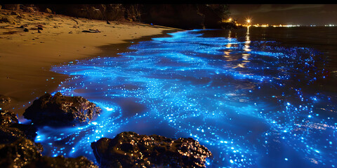 Wall Mural - Bioluminescent Bay: A Magical Display of Natural Light in the Water - Picture a bay where the water glows with a ghostly blue light at night