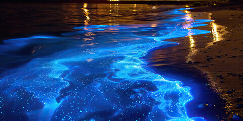 Wall Mural - Bioluminescent Bay: A Magical Display of Natural Light in the Water - Picture a bay where the water glows with a ghostly blue light at night