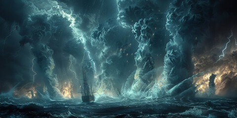 Canvas Print - there is a boat in the middle of a storm with lightning coming out of it