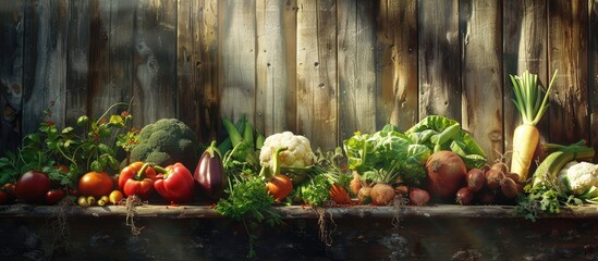 Poster - A rustic farm display features a selection of organic vegetables set against a wooden backdrop with sunlight streaming in embodying a countryside theme Perfect for depicting clean eating and local pr