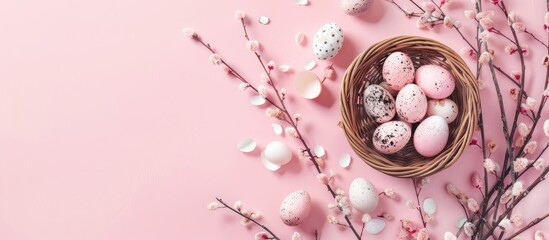 Aufkleber - Easter holiday card featuring a basket of eggs on a pink background adorned with pussy willow twigs with copy space for text Representing a spring themed mockup design with farm fresh healthy food in
