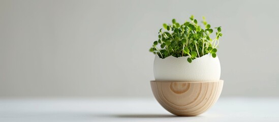 Poster - Green sprouts in a white egg displayed in a wooden egg box against a white backdrop with selective focus allowing for copy space in an eco friendly Easter theme