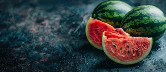 Aufkleber - Whole and sliced watermelon on a dark textured surface with an area for text Includes a shallow depth of focus for the image. Creative banner. Copyspace image